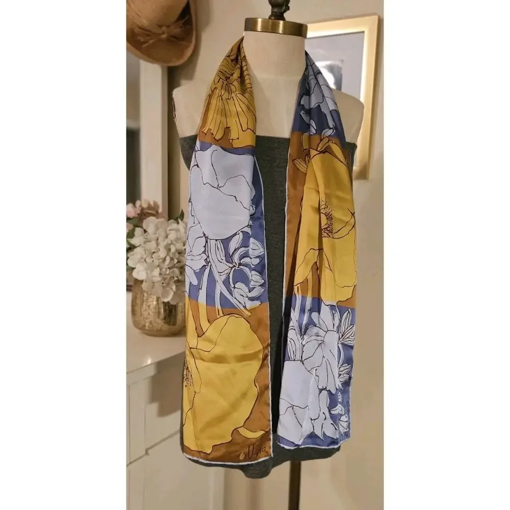 Vera Neumann Vintage 100% Silk Scarf Hand Rolled Mod Floral Yellow Blue 65
